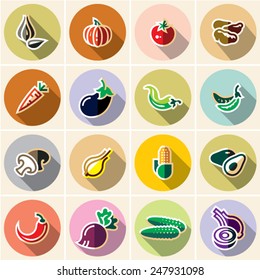 Vegetables flat style collection with long shadow. Vegetable labels.