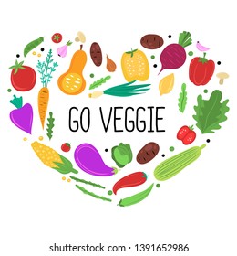 Vegetables flat trendy hand drawn vector print. Concept of vegetarian food, organic food. 
