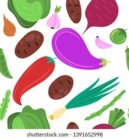 Vegetables flat trendy hand drawn seamless pattern. Healthy eating cartoon texture. Kitchen textile, background vector  fill.
