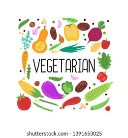 Vegetables flat trendy hand drawn vector print. Concept of vegetarian food, organic food. 