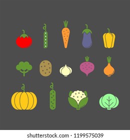 Vegetables flat vector icons set. Carrot, potato, beet, eggplant, onion, garlic, pepper, cabbage, broccoli, cauliflower, pumpkin, peas, tomato, cucumber flat vector icons