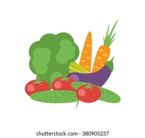Vegetables. Flat vector illustration. Broccoli, carrots, eggplant, cucumbers, tomatoes.