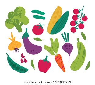 Vegetables flat vector illustration set. Cartoon tomato, corn, carrot, beetroot, broccoli isolated clipart collection. Autumn harvest. Organic nutrition, eco products. Ripe, raw plants design element