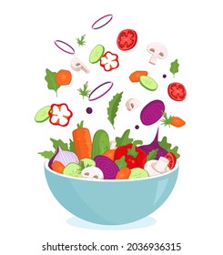 Vegetables fly bowl. Salad preparation. Mixing cooking ingredients. Blending different food. Cutting tomatoes and lettuce leaves. Healthy natural green snack. Vector dieting nutrition