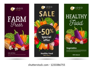 vegetables flyers set of templates with graphic hand drawn healthy food and typography