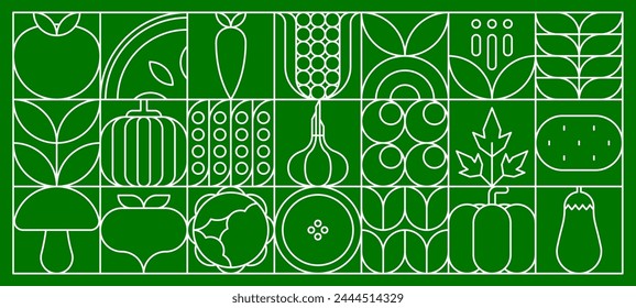 Vegetables food abstract modern line geometric pattern. Vector outline signs of tomato, mushroom, beetroot and carrot. Pumpkin, cabbage and garlic, potato, eggplant or pea pods on green background