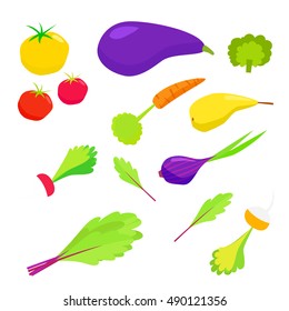 Vegetables food cellulose vector set. onions, lettuce, beets, pear, eggplant, radishes, broccoli, tomato, carrot isolated on white background.Healthy vegetarian food concept. Cellulose vegetables set.