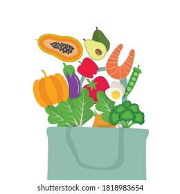 Vegetables and food falling out of tipped over eco bag. Top view of healthy food. Vector illustration.