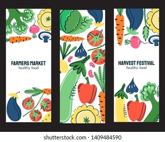 Vegetables food hand drawn banner set. Healthy meal, diet, nutrition or lifestyle. Organic food restaurant and support farmers market concept. Vegetables in composition with the place for your text.