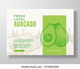 Vegetables Food Label Template. Abstract Vector Packaging Design Layout. Modern Typography Banner with Hand Drawn Avocado and Rural Landscape Background. Isolated.