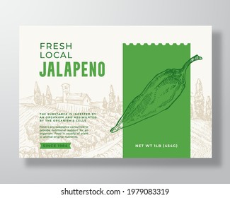 Vegetables Food Label Template. Abstract Vector Packaging Design Layout. Modern Typography Banner with Hand Drawn Jalapeno Pepper and Rural Landscape Background. Isolated.