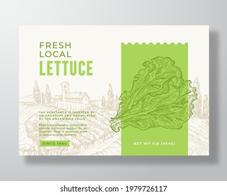 Vegetables Food Label Template. Abstract Vector Packaging Design Layout. Modern Typography Banner with Hand Drawn Lettuce Salad Leaves and Rural Landscape Background. Isolated.