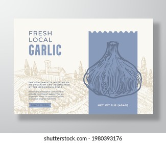 Vegetables Food Label Template. Abstract Vector Packaging Design Layout. Modern Typography Banner with Hand Drawn Garlic and Rural Landscape Background. Isolated.