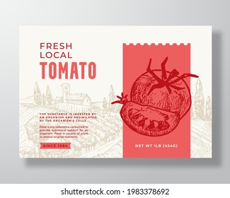 Vegetables Food Label Template. Abstract Vector Packaging Design Layout. Modern Typography Banner with Hand Drawn Tomato with Slice and Rural Landscape Background. Isolated.