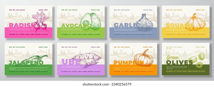 Vegetables Food Label Templates Set. Abstract Vector Packaging Design Layouts Collection. Modern Typography Banner with Hand Drawn Vegs and Rural Landscape Background. Isolated