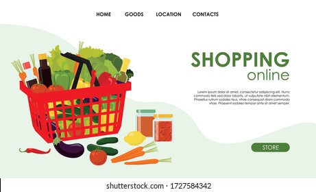 Vegetables, food in a plastic basket. Sauces in bottles. Spices in jars. Canned vegetables. Cabbage, eggplant, tomato, carrot, cucumber, lemon, pepper,herbs, cherry.Template for the site, landing page
