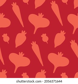 Vegetables food seamless pattern. Veggies silhouette. Red monochrome kitchen wallpaper. Cute root vegetable ornament. Simple flat background. Vector summer garden illustration. Continuous diet texture