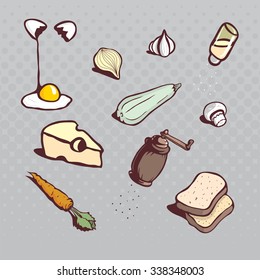 Vegetables, Foods, Spices, Kitchen tools, Dish ingredients. Hand drawn cartooned illustrations vector set. 