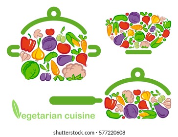 Vegetables in the form of salad bowls, pots and pans.