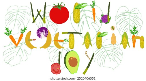 Las verduras forman el Día Mundial del Veganismo. Fondo del Día Mundial del Vegetariano. Feliz día mundial vegano. Linda Ilustración vectorial. Póster, Anuncio, Flyer, Tarjeta de felicitación, Correo, Plantilla. Verduras frescas.