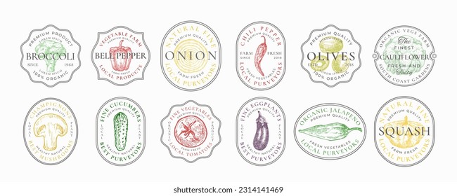 Colección de plantillas de logotipos para distintivos de marco de productos vegetales. Esbozo de verduras dibujadas a mano con tipografía retro en marcos vintage. Conjunto De Emblemas De Concepto De Comida Vegan. Aislado