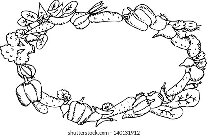 Vegetables frame. Black and white hand drawn illustration.