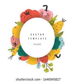 Vegetables frame, decorative border made of vegetable illustrations, background template with copy space for your text or message, vector frame with blank space, good for farming market organic shop.