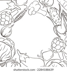 Diseño de armazón de verduras. Marco circular. Marco con ilustraciones de arte de línea de alimentos orgánicos. Verduras de fondo blanco.