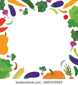Vegetables frame. Empty square template for fresh food market. Veggies farm harvest vector illustration