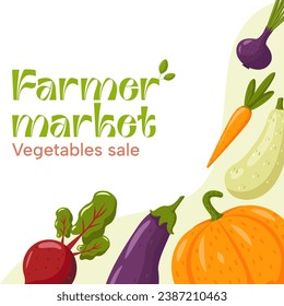 Vegetables frame. Farmer market card. Vegetables frame vector graphics. Frame with pumpkin,beet,carrot,onion,carrot,potato,zucchini and eggplant.
