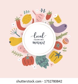 Vegetables frame. Farmers market poster or menu design template with copy space. Organic vegetables food banner. Hand drawn sketch illustration. Decorative vector border with place for logo or text