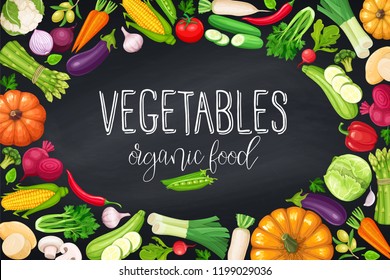 Vegetables frame, page design, vector illustration. Concept healthy food. Onion, zucchini, eggplant and asparagus. Corn, pumpkin, celery or mushrooms daikon et al