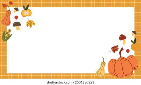 Vegetables Frame. Pumpkins, mushrooms, and fall leaves illustration. Banner Template for Website. Autumn Season Design.