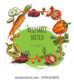 Vegetables frame the square. This vibrant watercolor vegetable design is ideal for text on labels, invitations, or cards that feature food and vegetable themes.