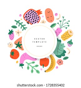 Vegetables frame template, vector layout with copy space, cute naive handdrawn fruits and veggies, vector arrangement, good as menu cover, banner or poster, organic whole foods
