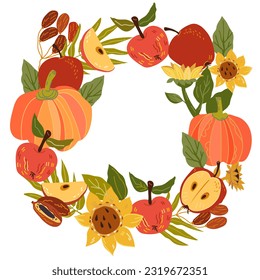 Vegetables frame or wreath with apples, sunflowers and dates for rosh-hashanah or new harvest topic, Autumn seasonal cards, flat vector illustration isolated on white background. Autumn frame.