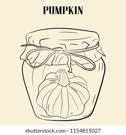 Vegetables. Fresh food.  Pumpkin in a glass jar, line drawn .  Hand drawing vector illustration. Perfect for greeting cards, party invitations,wrapper , posters.  for design  Halloween and Thanksgivin