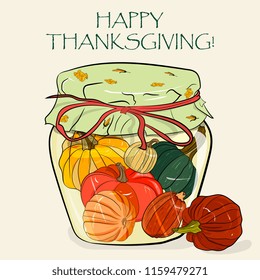 Vegetables. Fresh food.  Pumpkin in a glass jar, line drawn on a white background.  Hand drawing vector illustration. Perfect for greeting cards, party invitations, paper wrapper , posters, stickers. 