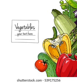 Vegetables. Fresh food. Zucchini, eggplant, cucumber, peppers, peas, tomatoes, asparagus line drawn on a white background. Vector illustration.