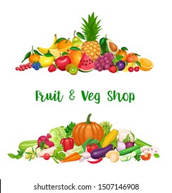 Pancarta de verduras y frutas, diseño de tienda de agricultores. Nutrición saludable, comida orgánica, producto vegetariano. Dibujo de dibujos animados.