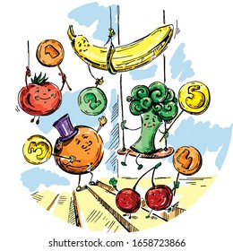 Vegetables, fruit and berries. Funny cartoon characters. Vector hand drawn illustration. Card