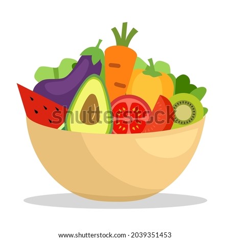 Vegetables and fruit in bowl in flat design on white background. Healthy food concept vector illustration.