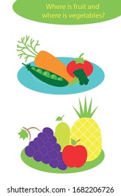 Hortalizas y frutas en forma de dibujos animados en placas para niños, trabajo de hoja de cálculo preescolar para niños, tarea para el desarrollo del pensamiento lógico, ilustración vectorial