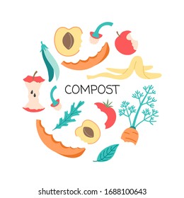 Vegetables and fruit compost, organic waste apple core, tomato, pepper, banana peel, carrot and leaf in a flat cartoon style. isolated on white background. 