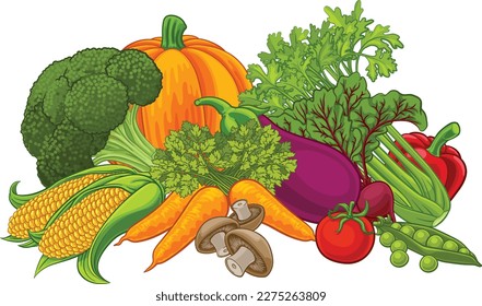 La caricatura de alimentos de frutas de verduras produce la ilustración de la compra