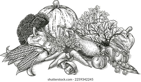 Vegetables and fruit food produce illustration in a vintage retro woodcut etching style.