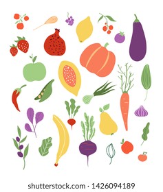 Fruta de las verduras. Frutas alimento vegetal saludable logo harina vegetal clíparte aislado conjunto. Calabaza vectora y limón, guisantes y plátanos, ilustración de remolacha y zanahoria