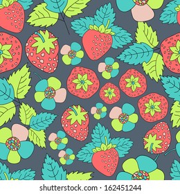 Vegetables and fruit harvest  continuous seamless pattern. Background with  strawberries harvest in vector.