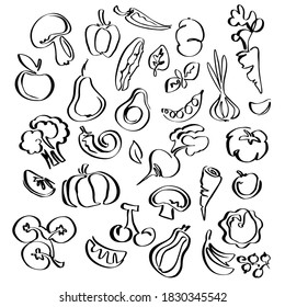 Vegetables and fruit icon set: carrot, onion, pepper, tomato, apple, pear, berry. Hand drawn black and white sketch, doodle ink outline drawing, stock vector illustration isolated on white background.