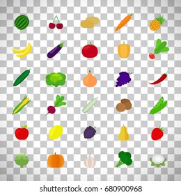 Vegetables And Fruit Icons In Flat Style Isolated On Transparent Background. Vector Illustration